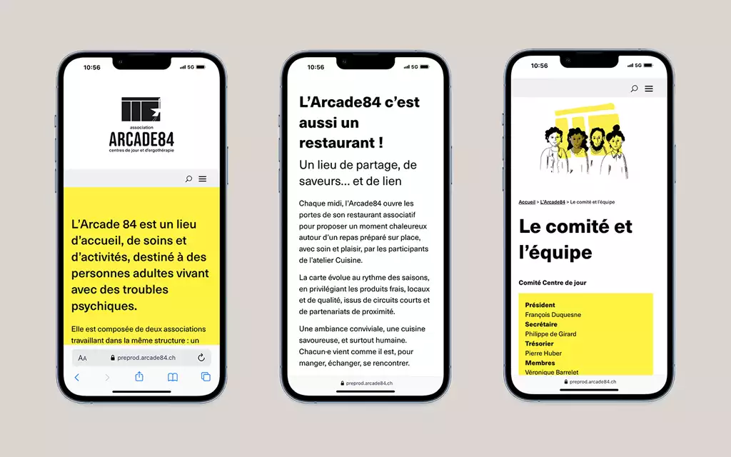 visuel représentant 3 écrans au format téléphone des pages du site web de l’Arcade84
