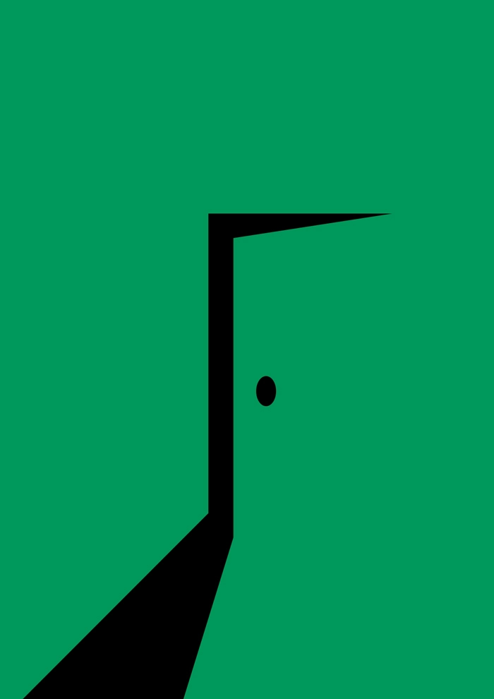 porte noire stylisée sur fond vert.