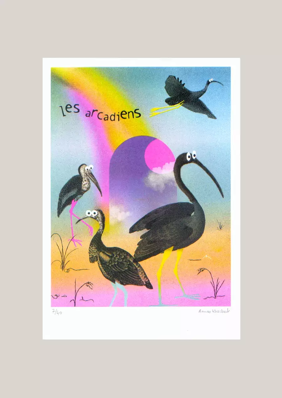 visuel représentant une affiche A4 d'une risographie colorée avec des hérons