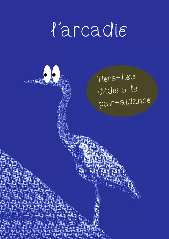 héron avec des yeux façon BD sur un fond bleu.
