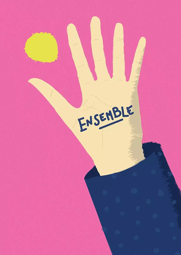 Illustration sur fond rose d‘une paume de main avec le mot «ensemble» écrit dessus avec un soleil entre l'index et le pouce.