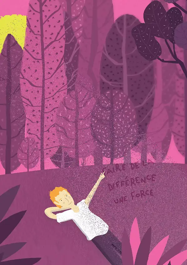 illustration représentant un jeune homme couché à la lisière d'une forêt écrivant dans le ciel «Faire de la différence une force».